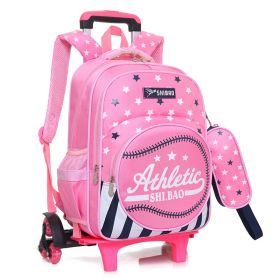 Waterproof Children's Three-Wheeled Trolley School Bag (Option: Pink-Six rounds)