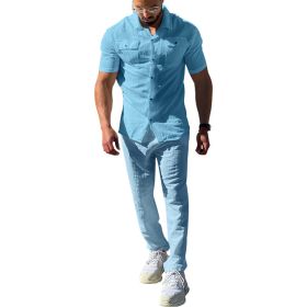 Summer Men's Short Sleeved Shirt Set Loose Casual Cardigan Shirt Pants (Option: Light Blue-S)