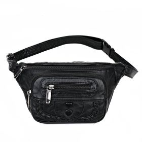 Women's Fashionable And Versatile Washed Soft Leather Waist Messenger Bag (Color: Black)