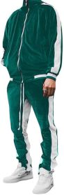 Men's 2 Pieces Full Zip Tracksuits Golden Velvet Thickening Sport Suits Casual Outfits Jacket & Pants Fitness Tracksuit Sets (Color: Green, size: S)