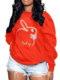 Plus Size Embroidery O Neck Long Sleeve Sweatshirts Top (Color: Red, size: XXXXL)