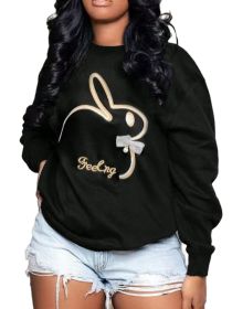 Plus Size Embroidery O Neck Long Sleeve Sweatshirts Top (Color: Black, size: S)