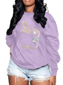 Plus Size Embroidery O Neck Long Sleeve Sweatshirts Top (Color: light purple, size: XXXXL)