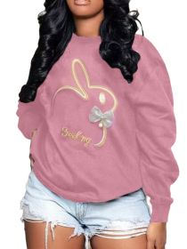 Plus Size Embroidery O Neck Long Sleeve Sweatshirts Top (Color: Pink, size: S)