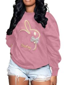Plus Size Embroidery O Neck Long Sleeve Sweatshirts Top (Color: Pink, size: M)