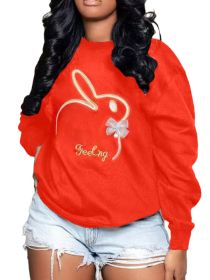 Plus Size Embroidery O Neck Long Sleeve Sweatshirts Top (Color: Red, size: S)