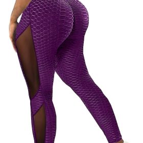 Honeycomb Mesh Contrast Leggings, Sporty Skinny High Waist Lifting Yoga Leggings, Women's Clothing (Color: Purple, size: S(4))