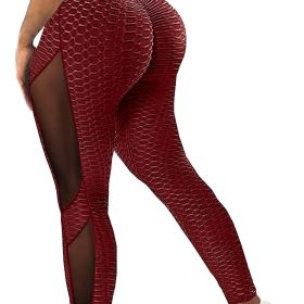 Honeycomb Mesh Contrast Leggings, Sporty Skinny High Waist Lifting Yoga Leggings, Women's Clothing (Color: Burgundy, size: XL(12))