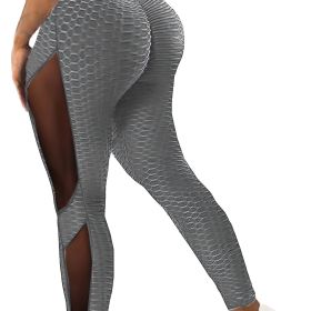 Honeycomb Mesh Contrast Leggings, Sporty Skinny High Waist Lifting Yoga Leggings, Women's Clothing (Color: Grey, size: XXL(14))