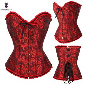 Sexy Women Steampunk Clothing Gothic Plus Size Corsets Lace Up Boned Overbust Bustier Waist Cincher Body Shaper Corselet S-6XL (Color: 810 dark red, size: 4XL)