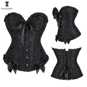 Sexy Women Steampunk Clothing Gothic Plus Size Corsets Lace Up Boned Overbust Bustier Waist Cincher Body Shaper Corselet S-6XL (Color: 805 black, size: L)