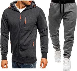 Mens 2 Piece Tracksuit Zipper Cardigan Hoodie Pants Sport Suit Running Jogging Athletic Casual Tracksuit Set (Color: dark grey1, size: XL)