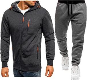 Mens 2 Piece Tracksuit Zipper Cardigan Hoodie Pants Sport Suit Running Jogging Athletic Casual Tracksuit Set (Color: dark grey1, size: L)