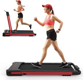 2 in 1 Under Desk Folding Treadmill, Portable Motorized Electric Walking Jogging Machine with Remote Control and LED Display for Home/Office Workout (Color: Red)