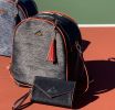 HANA water ripple pattern bag for tennis racquets;  paddles and travel;  free clutch and tassel;  gold hardware and full features for all sports.