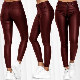 Solid Color Leather Casual Pants Skinny Pants (Option: Wine Red-2XL)